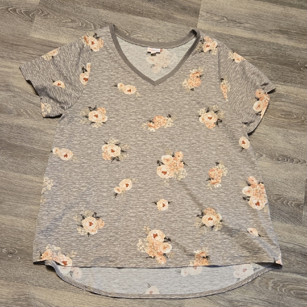 LulaRoe Christy V-neck Tee Gray With Pink Roses 3X